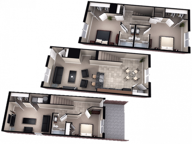 A 3D image of the 3BR/3BA – Arrandale floorplan, a 2060 squarefoot, 3 bed / 3 bath unit