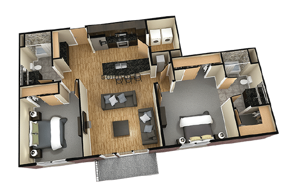 A 3D image of the 2BR/1BA – Clara II floorplan, a 975 squarefoot, 2 bed / 2 bath unit