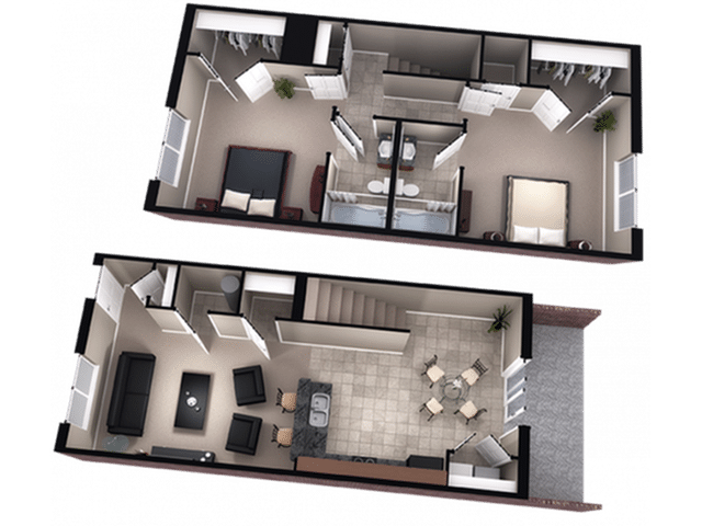 A 3D image of the 2BR/2BA – Kentsfield floorplan, a 1370 squarefoot, 2 bed / 2 bath unit