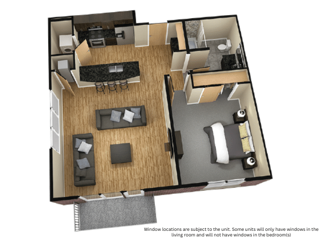 A 3D image of the 1BR/1BA – Ainsley floorplan, a 873 squarefoot, 1 bed / 1 bath unit