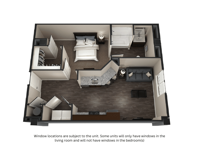 A 3D image of the 1BR/1BA – Belmont floorplan, a 680 squarefoot, 1 bed / 1 bath unit