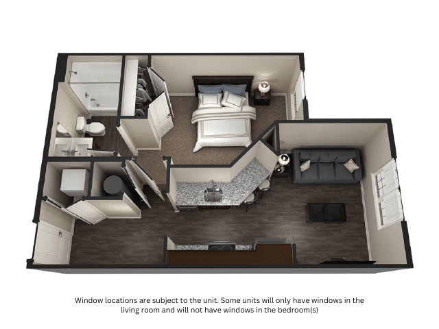 A 3D image of the 1BR/1BA – Corinth floorplan, a 530 squarefoot, 1 bed / 1 bath unit