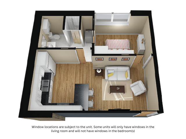 A 3D image of the 1BR/1BA – Daphne floorplan, a 510 squarefoot, 1 bed / 1 bath unit