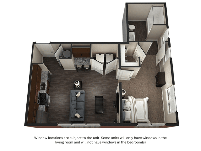 A 3D image of the 1BR/1BA – Richmond floorplan, a 570 squarefoot, 1 bed / 1 bath unit