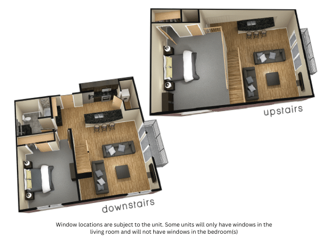 A 3D image of the 2BR/1BA – Brynn floorplan, a 1086 squarefoot, 2 bed / 1 bath unit