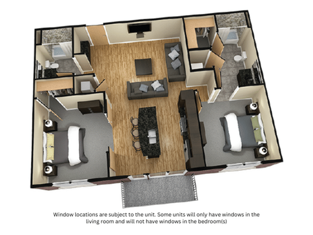 A 3D image of the 2BR/2BA – Clara floorplan, a 975 squarefoot, 2 bed / 2 bath unit