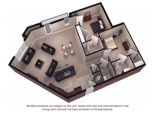 A 3D image of the 2BR/2BA – Claremont floorplan, a 1400 squarefoot, 2 bed / 2 bath unit