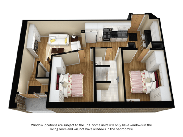 A 3D image of the 2BR/1BA – Emery I floorplan, a 728 squarefoot, 2 bed / 1 bath unit