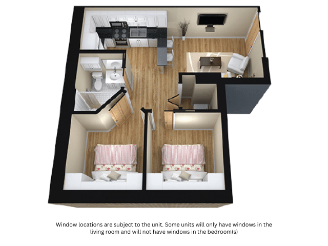 A 3D image of the 2BR/1BA – Emery II floorplan, a 575 squarefoot, 2 bed / 1 bath unit