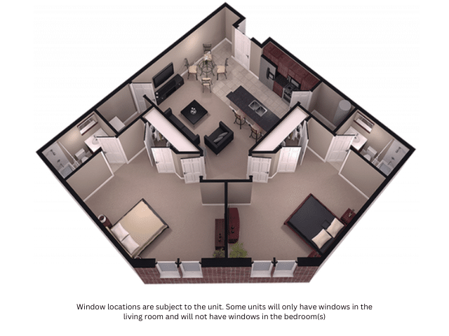 A 3D image of the 2BR/2BA – Hazelton floorplan, a 1100 squarefoot, 2 bed / 2 bath unit