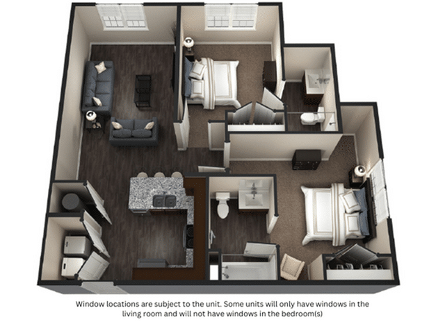 A 3D image of the 2BR/2BA – Lexington floorplan, a 918 squarefoot, 2 bed / 2 bath unit