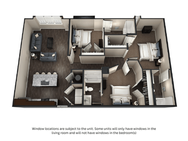 A 3D image of the 3BR/3BA – Concord floorplan, a 1225 squarefoot, 3 bed / 3 bath unit