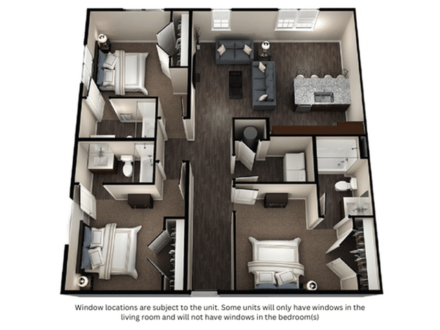 A 3D image of the 3BR/3BA – Hampton floorplan, a 1240 squarefoot, 3 bed / 3 bath unit