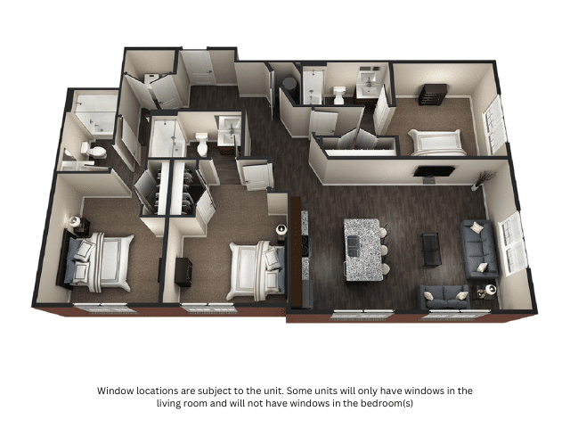 A 3D image of the 3BR/3BA – Saratoga floorplan, a 1265 squarefoot, 3 bed / 3 bath unit