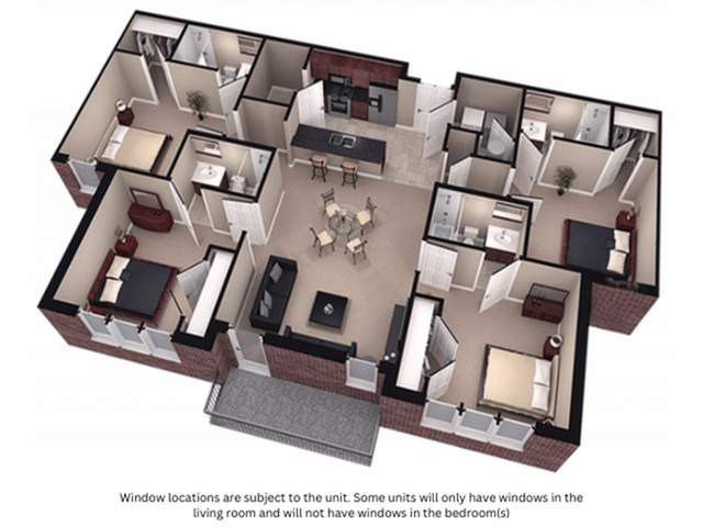 A 3D image of the 4BR/4BA – Bretona floorplan, a 1740 squarefoot, 4 bed / 4 bath unit