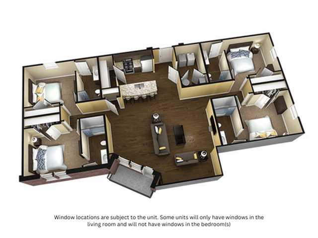 A 3D image of the 4BR/4BA – Kleinbeck floorplan, a 1675 squarefoot, 4 bed / 4 bath unit