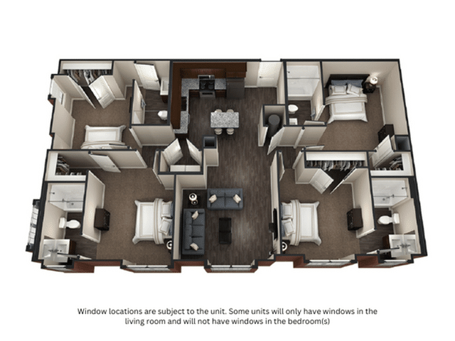 A 3D image of the 4BR/4BA – Manchester floorplan, a 1530 squarefoot, 4 bed / 4 bath unit