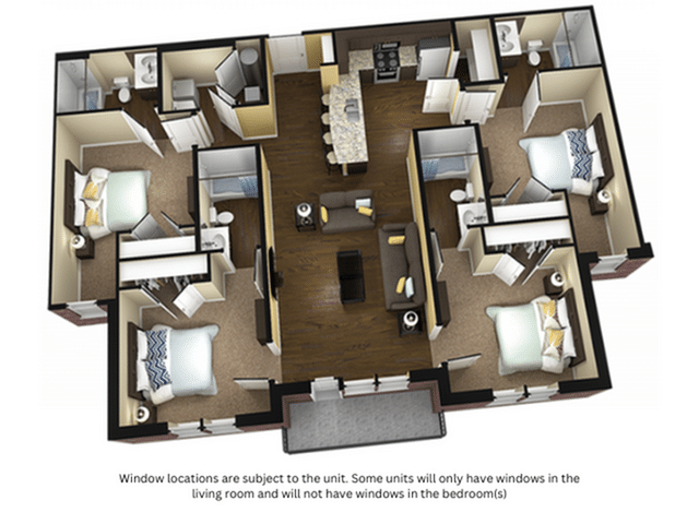 A 3D image of the 4BR/4BA – Thayne floorplan, a 1525 squarefoot, 4 bed / 4 bath unit