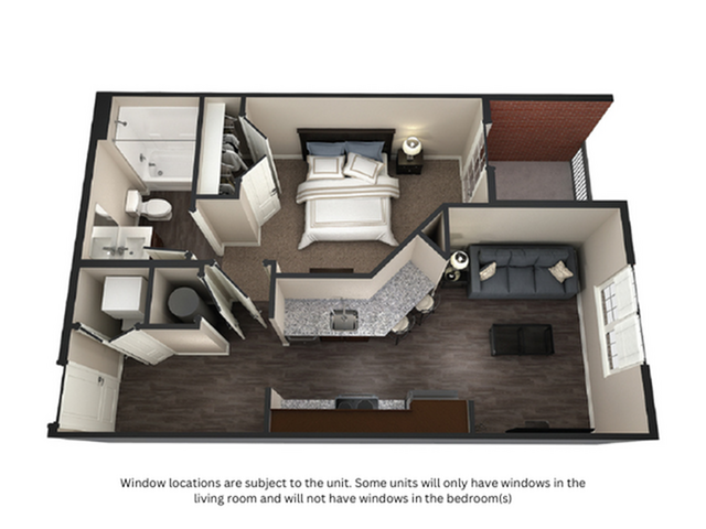 A 3D image of the 1BR/1BA – Corinth Upgrade floorplan, a 530 squarefoot, 1 bed / 1 bath unit