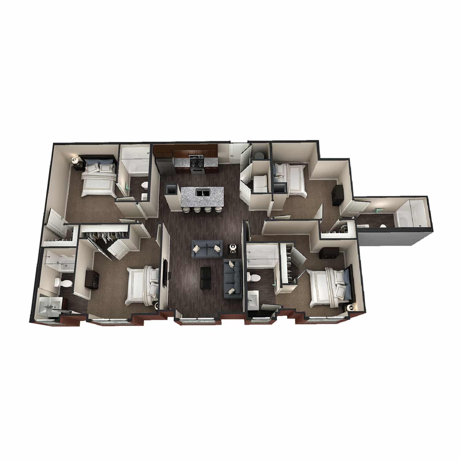 A 3D image of the 4BR/4BA – Winchester 1 floorplan, a 1392 squarefoot, 4 bed / 4 bath unit